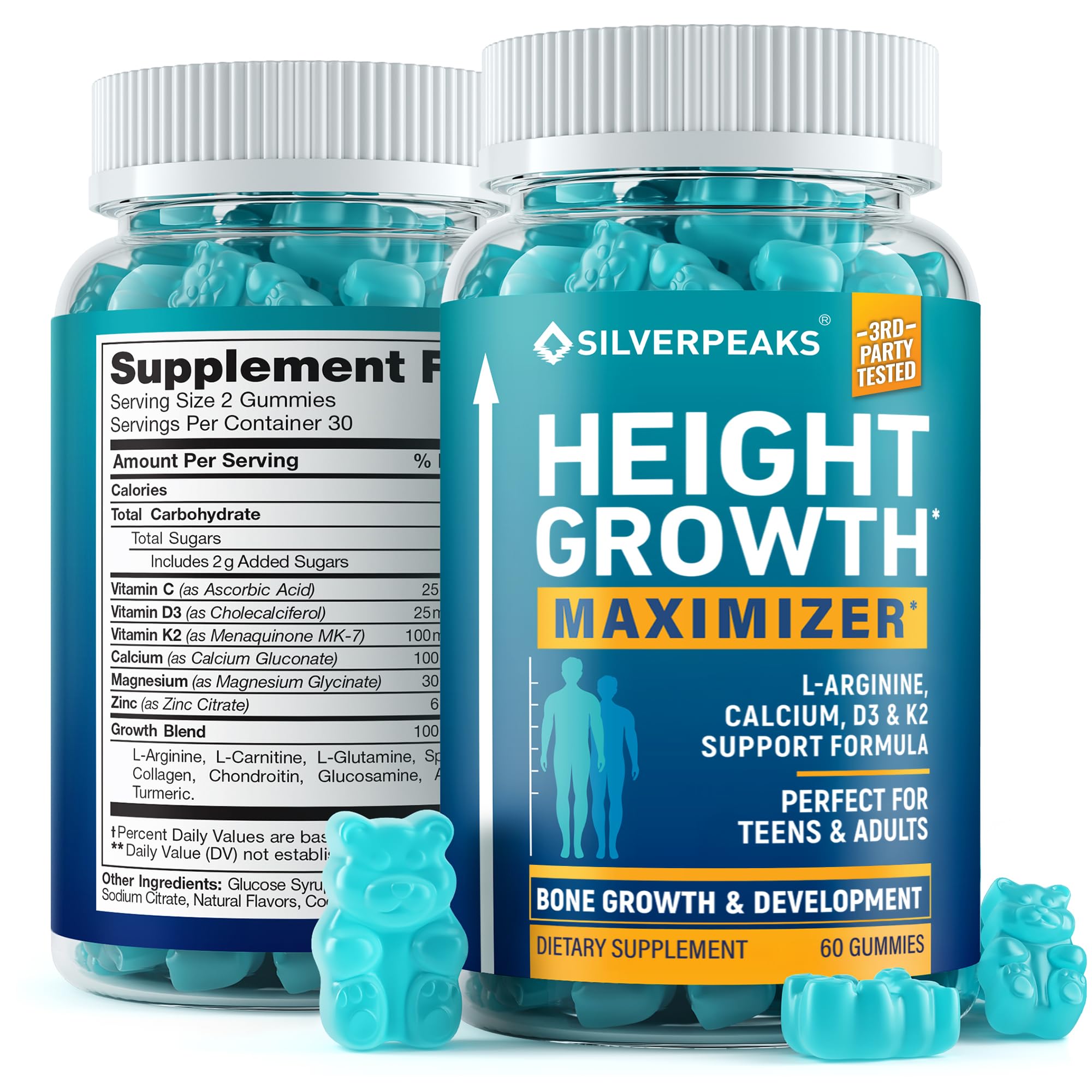 SILVERPEAKS height growth gummies bottle front for family use supporting bone health.