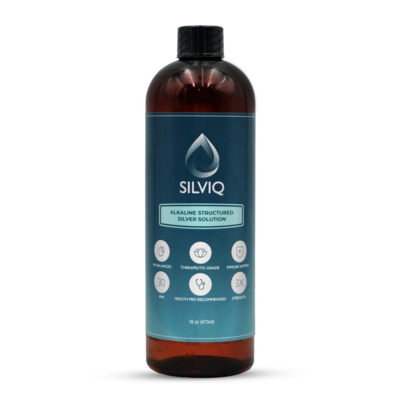 SILVIQ Structured Silver Water bottle pour shows 30ppm solution for daily wellness