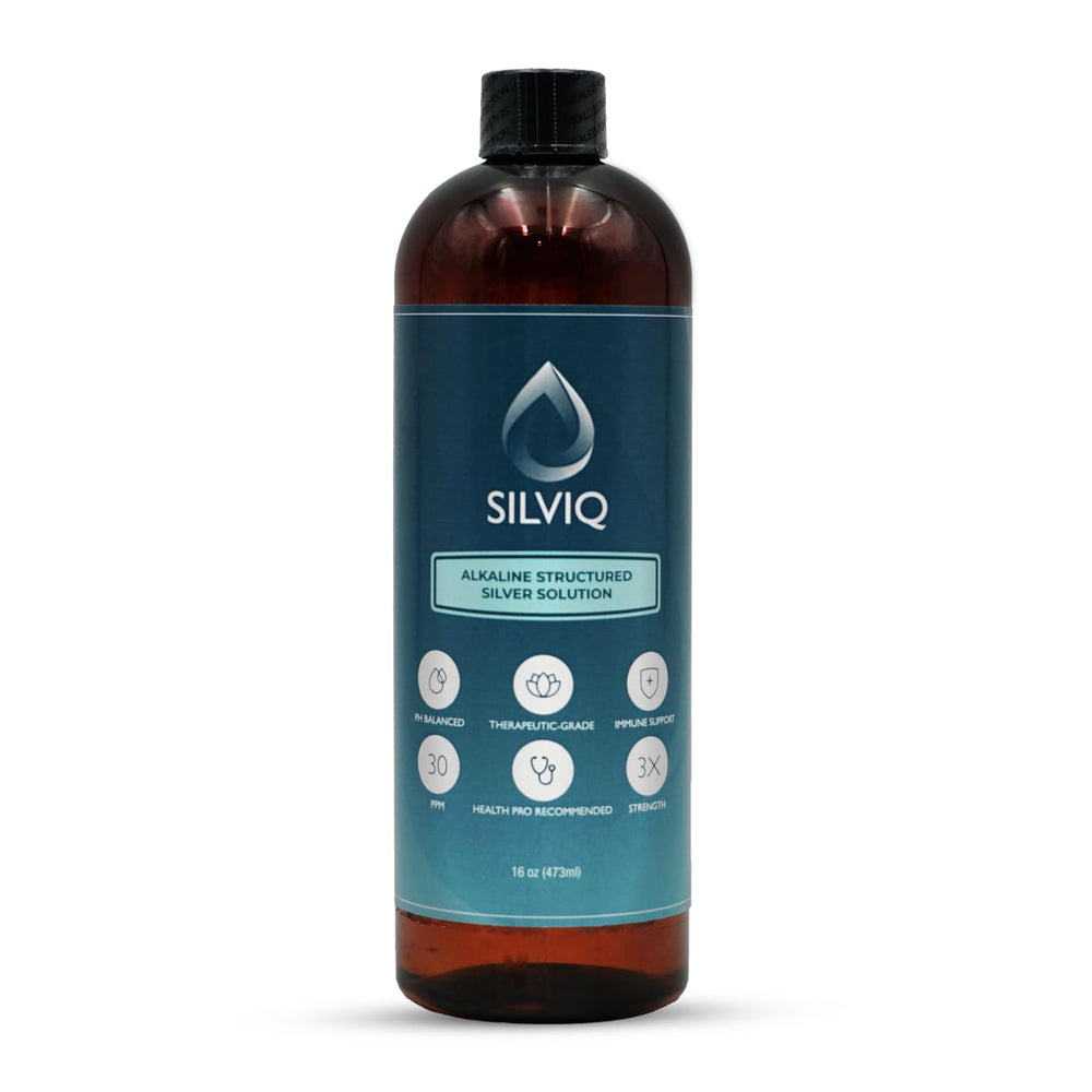 SILVIQ Structured Silver Water bottle pour shows 30ppm solution for daily wellness