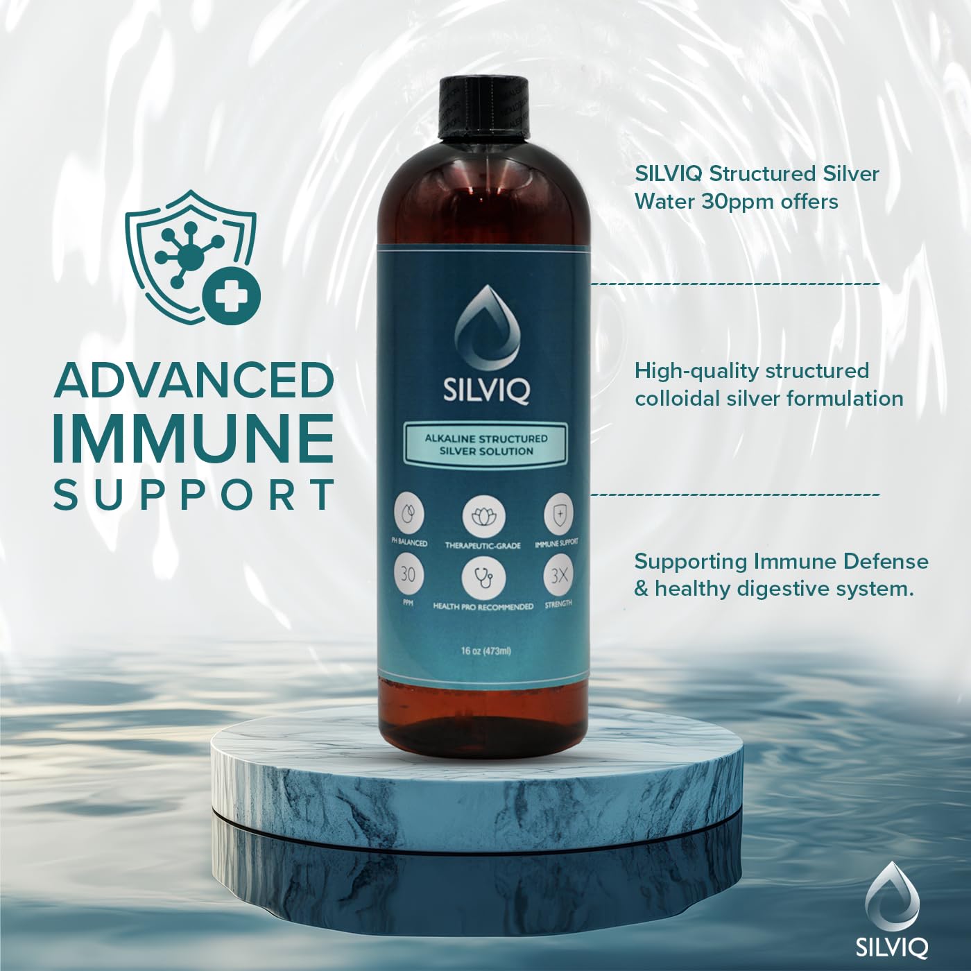 SILVIQ structured silver water label closeup emphasizes USA-made quality