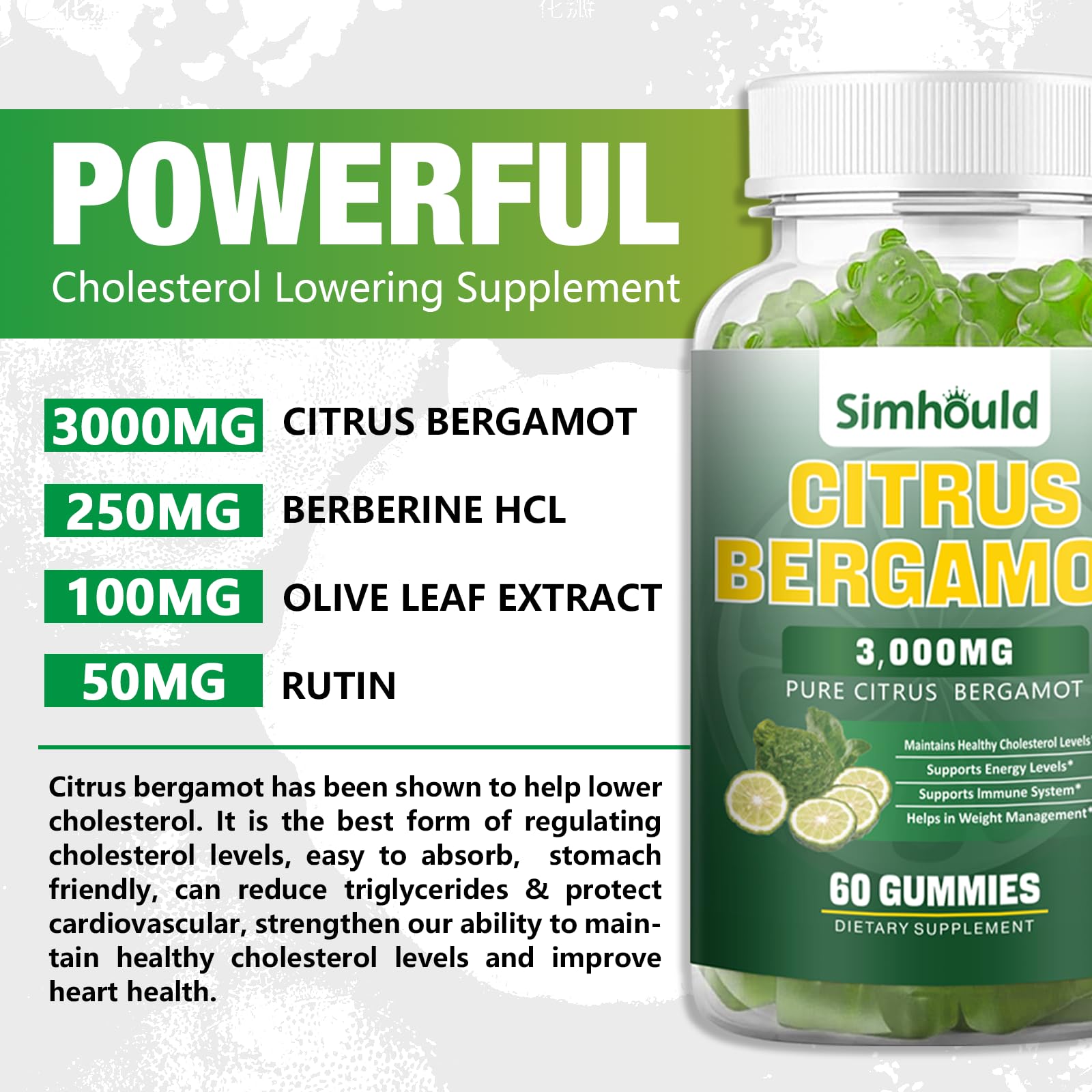 Simhould Citrus Bergamot Gummies label closeup highlights flavonoids and polyphenols for antioxidant support.