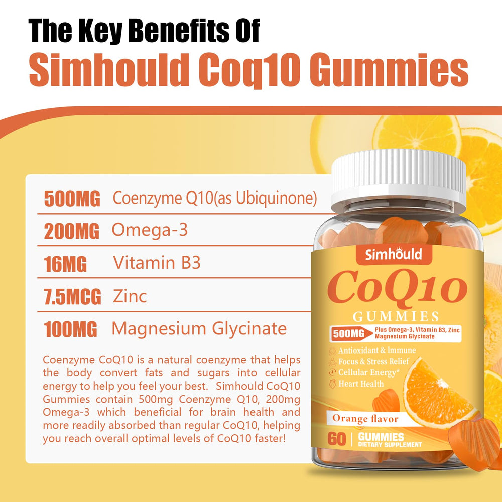 Simhould CoQ10 gummies nutrition label highlights 500mg CoQ10 per serving.