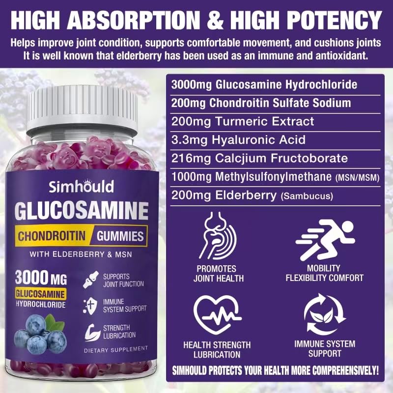 Simhould glucosamine chondroitin gummies closeup highlighting soft chews for joints.