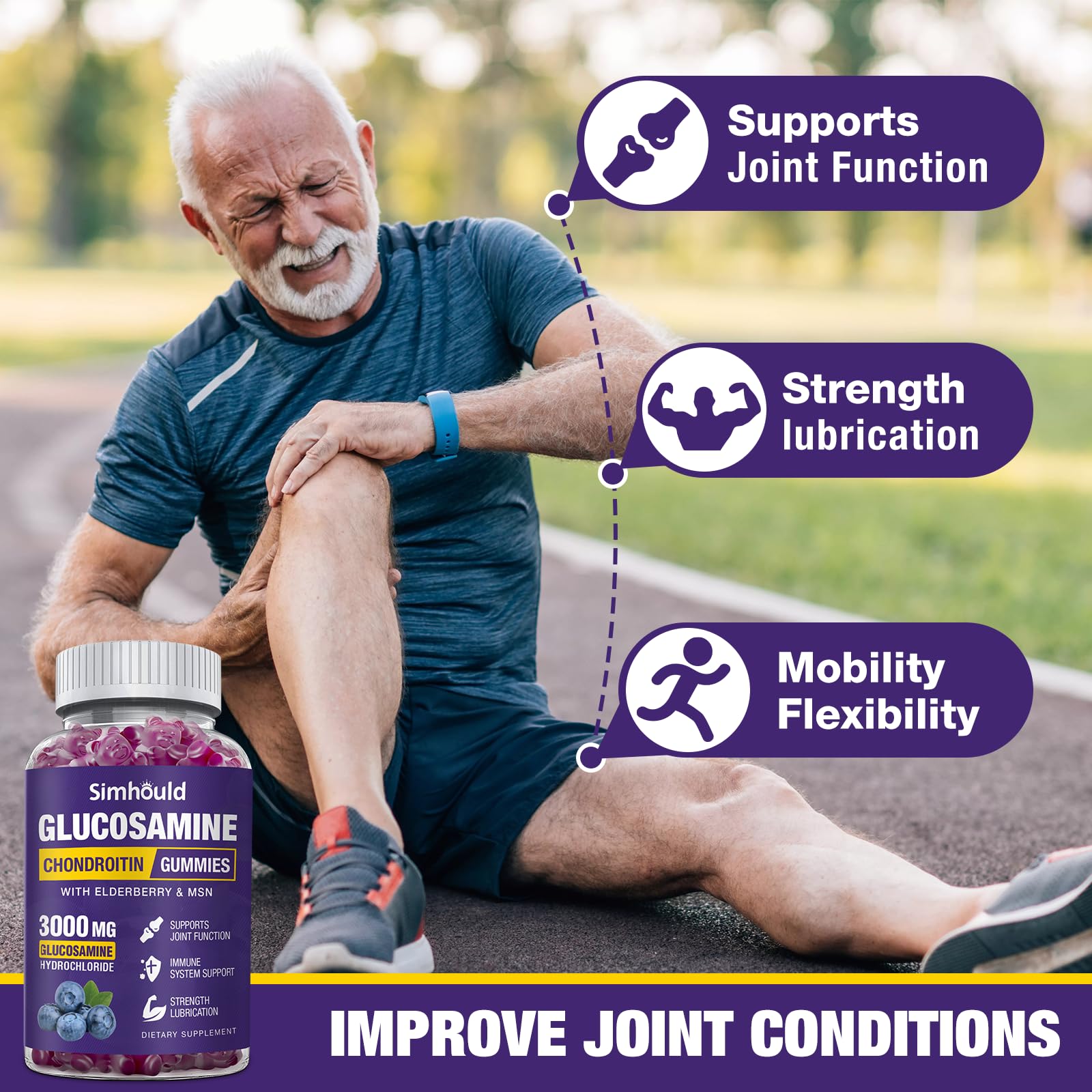 Simhould glucosamine chondroitin gummies label closeup with clear potency details.