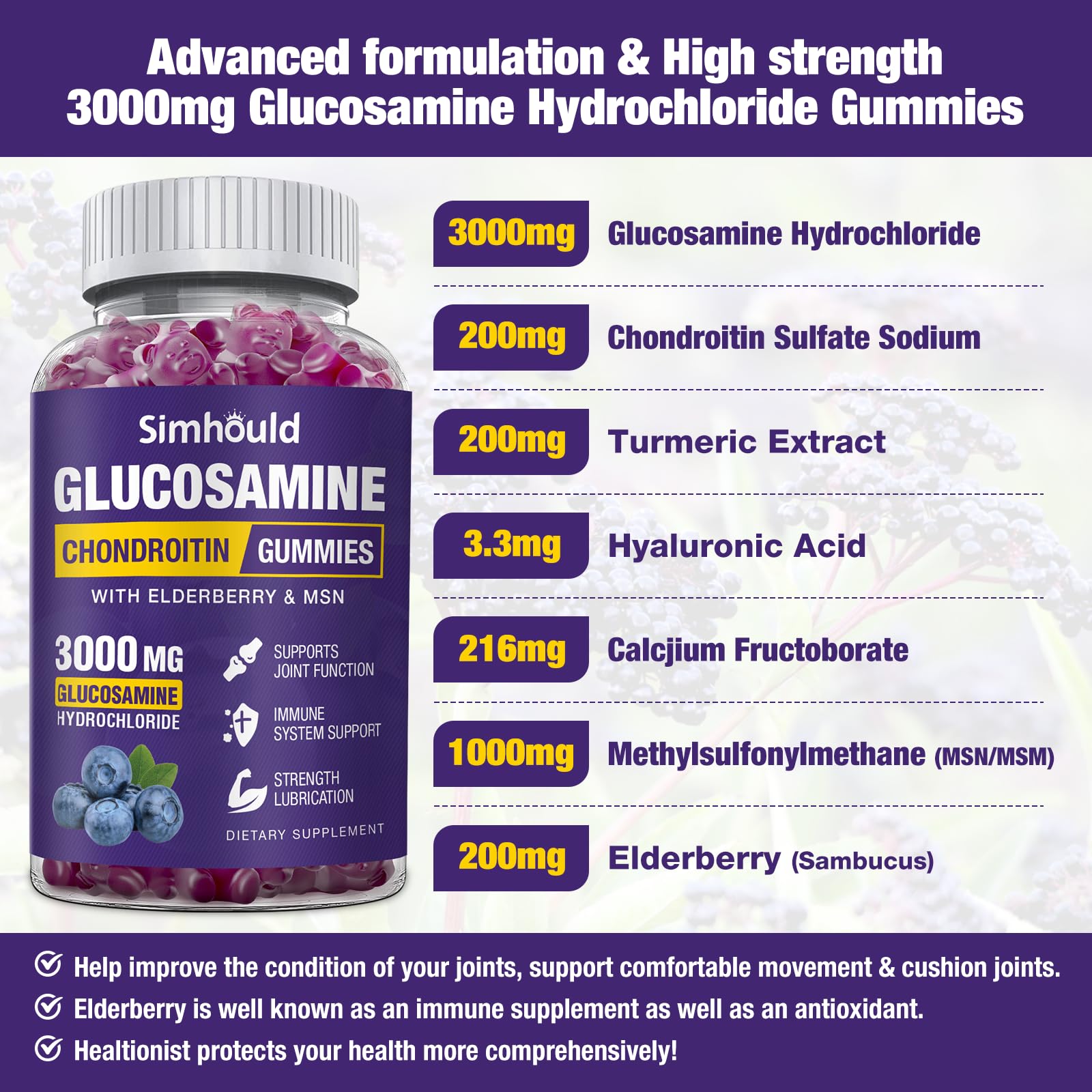 Simhould gummies label highlights high potency glucosamine and MSM for adults.