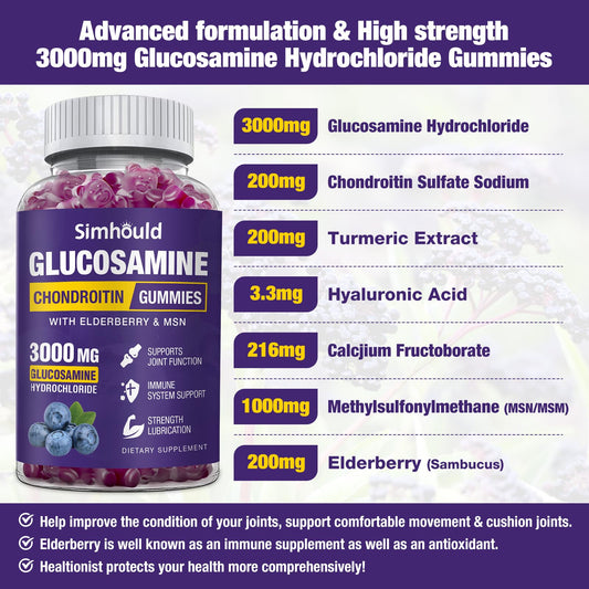 Simhould gummies label highlights high potency glucosamine and MSM for adults.