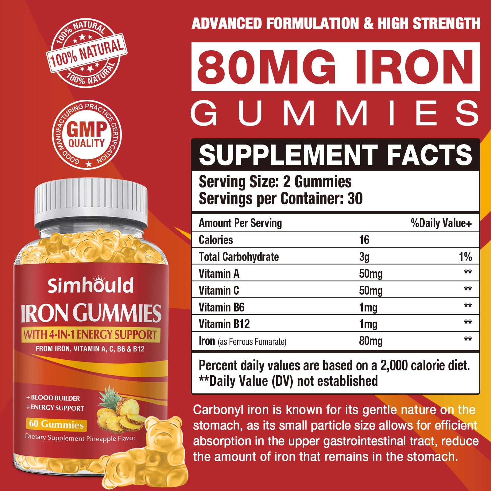 Simhould iron gummies closeup pineapple flavor and chewy texture for enjoyable daily use
