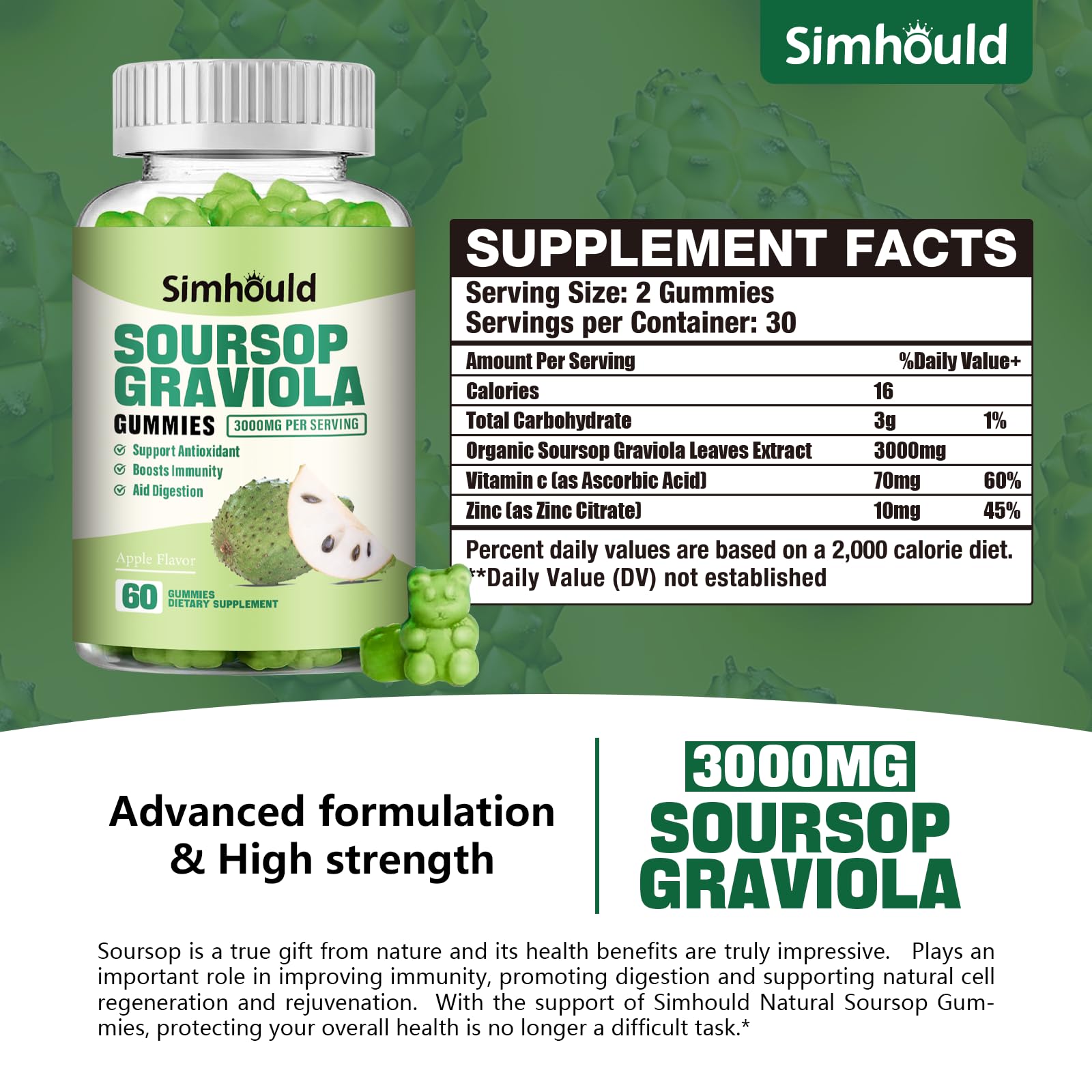 Simhould Soursop Graviola Gummies ingredients graphic highlighting vitamin C and zinc
