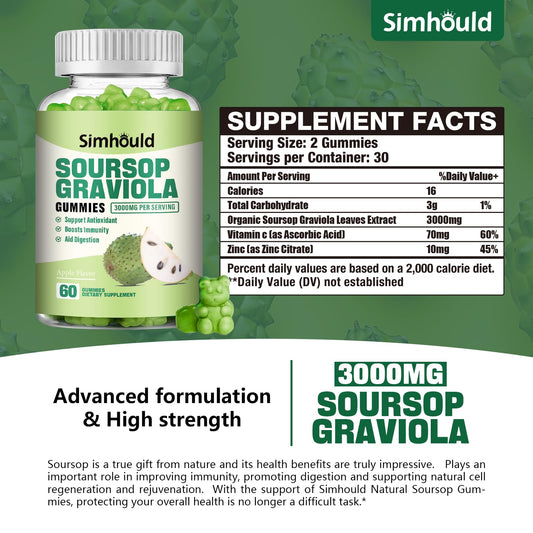 Simhould Soursop Graviola Gummies ingredients graphic highlighting vitamin C and zinc