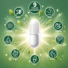 Simlike magnesium capsules close-up highlights nine chelated forms.