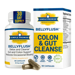 Simple Promise BellyFlush bottle pour demonstrates convenient nightly digestive support.