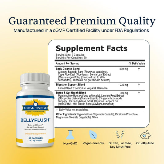 Simple Promise BellyFlush capsules closeup highlights easy-to-swallow daily bloating support.