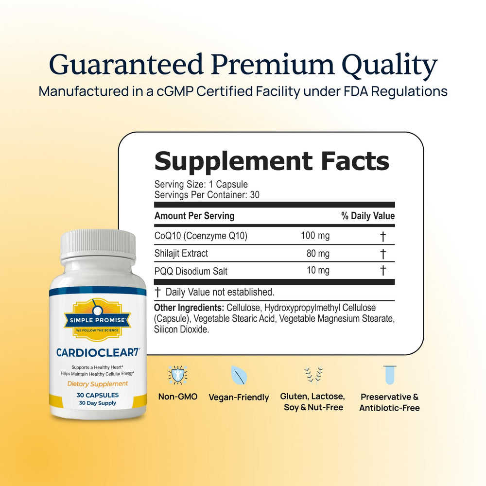 Simple Promise CardioClear7 bottle front showing label and heart health hints.