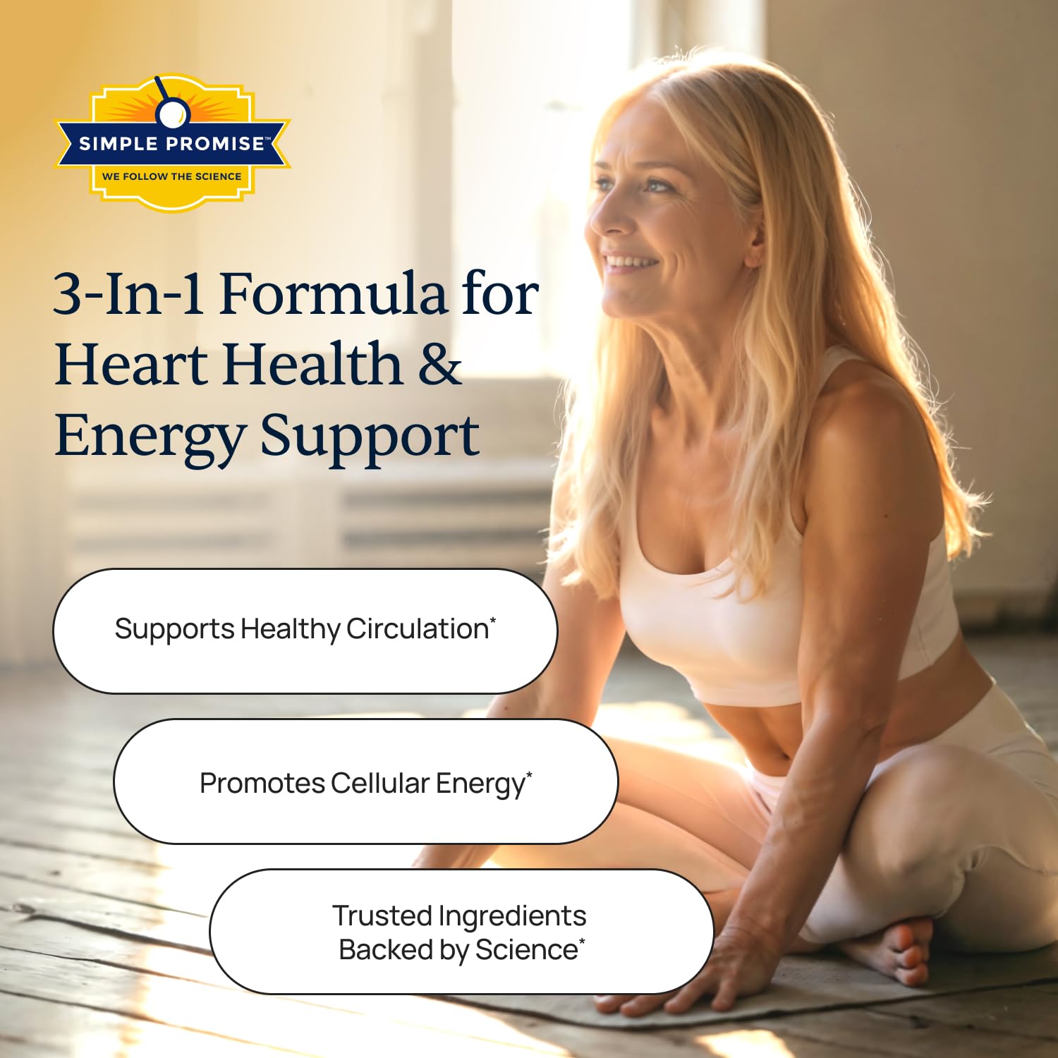 Simple Promise CardioClear7 bottle pour suggesting easy daily intake for circulation.