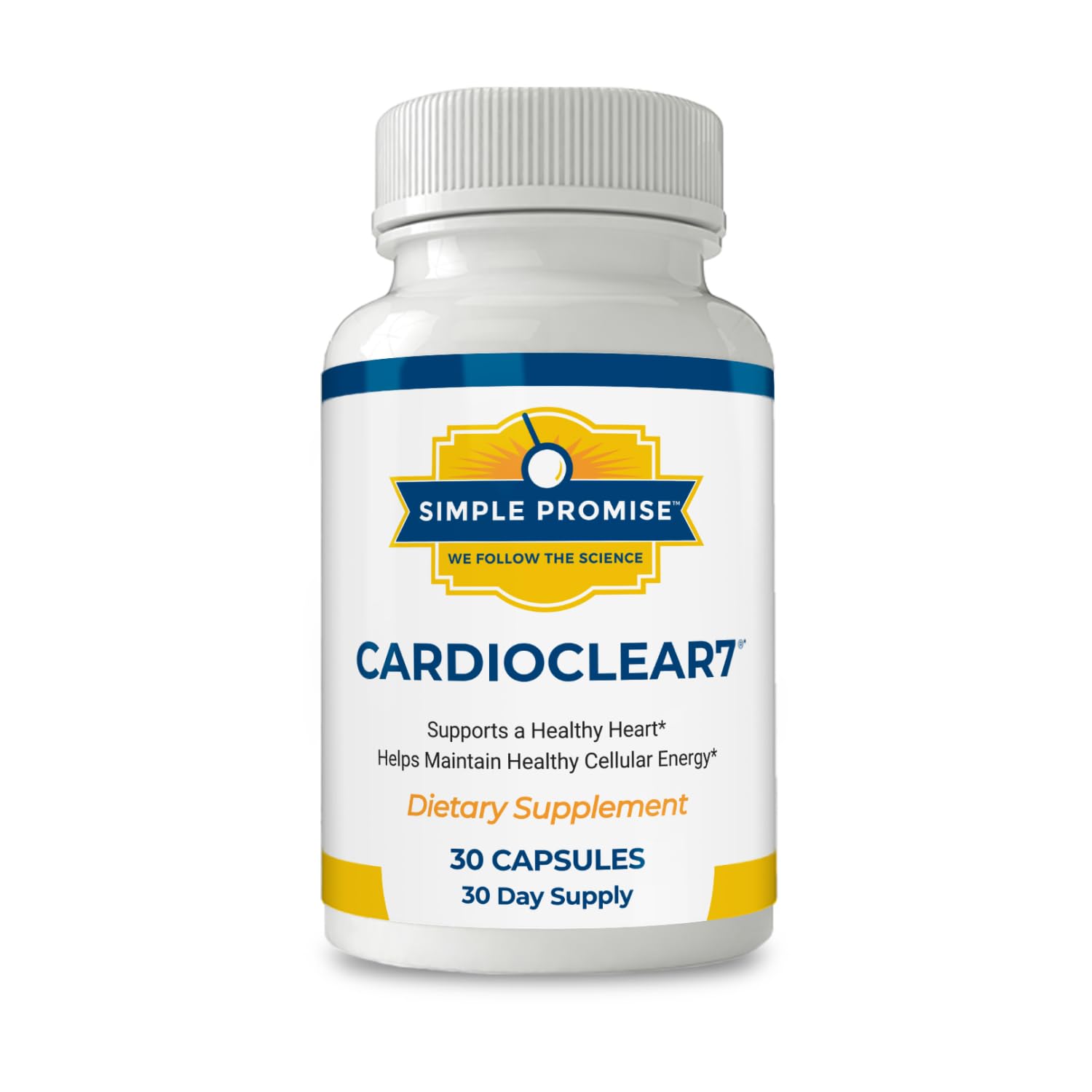 Simple Promise CardioClear7 capsules close-up with CoQ10 and PQQ for energy support.