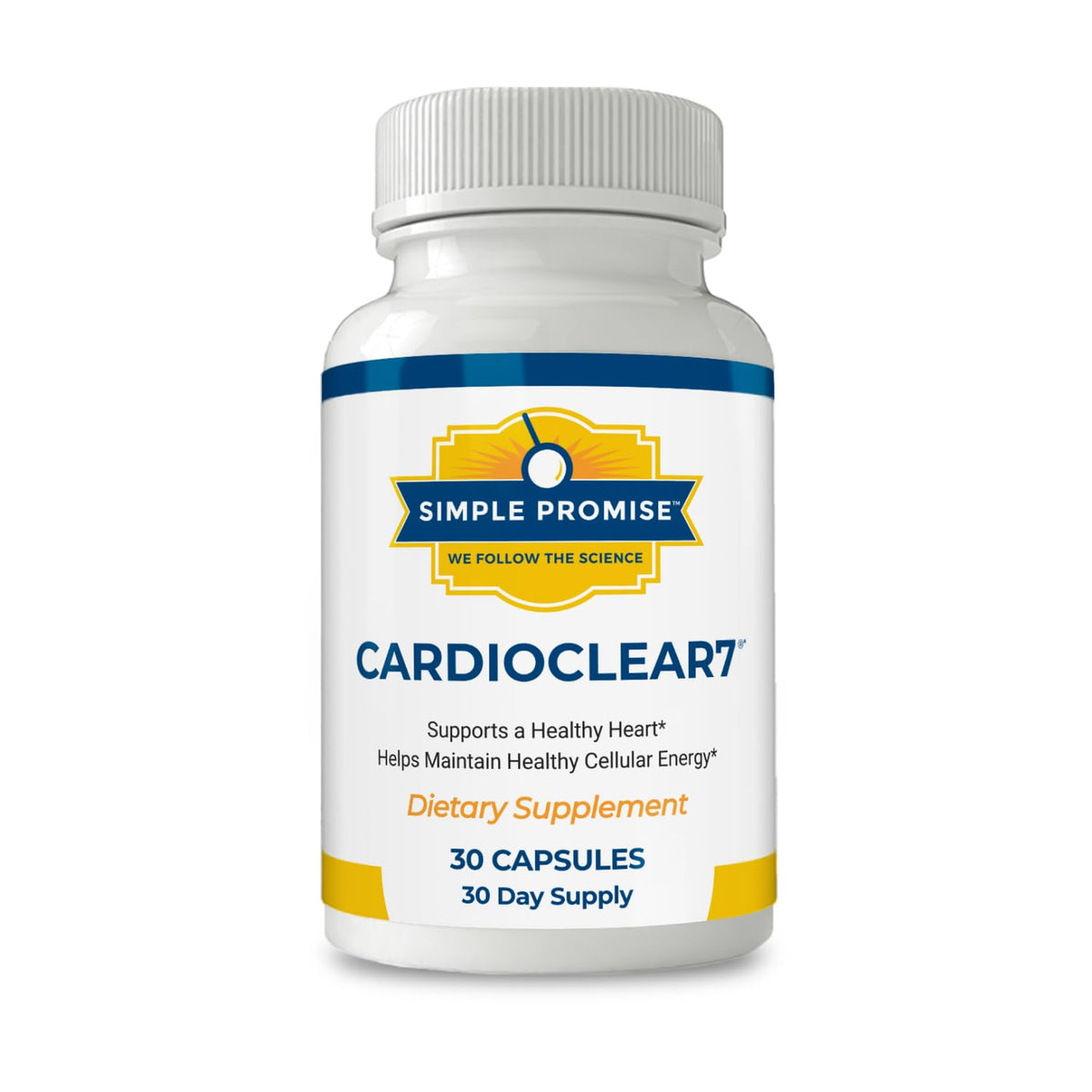 Simple Promise CardioClear7 capsules close-up with CoQ10 and PQQ for energy support.