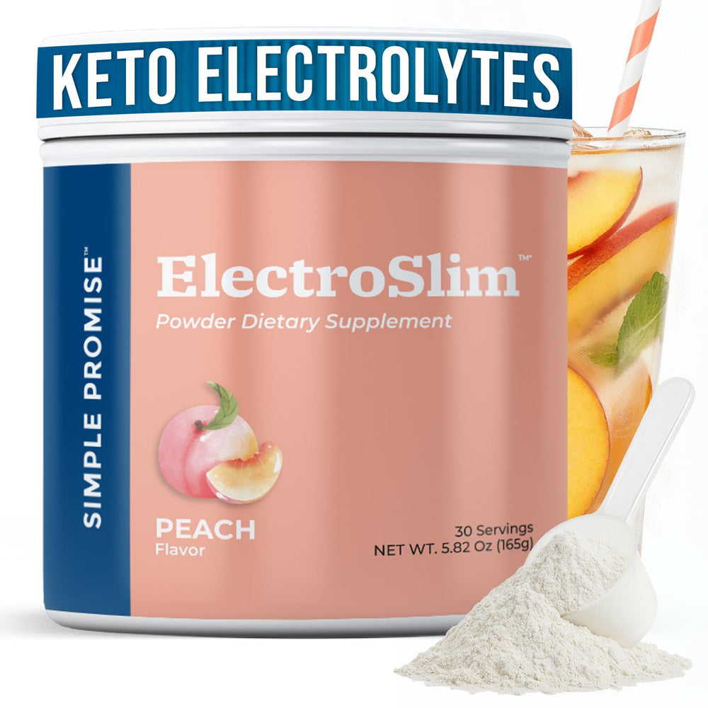 Simple Promise ElectroSlim peach flavor powder dissolving in water for hydration.