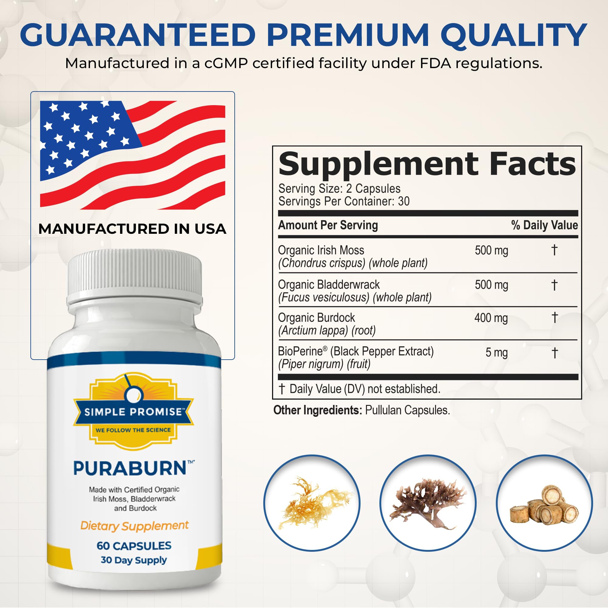 Simple Promise PuraBurn bottle featuring bladderwrack for natural iodine support and metabolic balance.