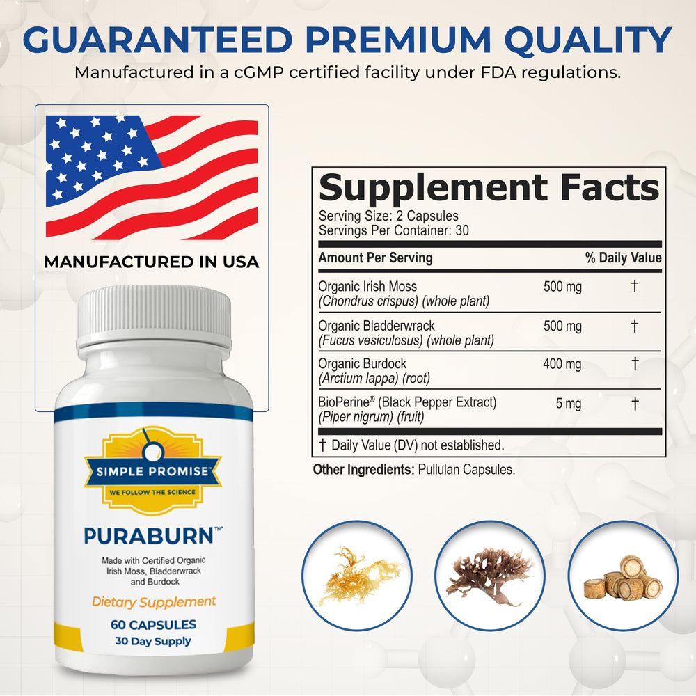 Simple Promise PuraBurn bottle featuring bladderwrack for natural iodine support and metabolic balance.