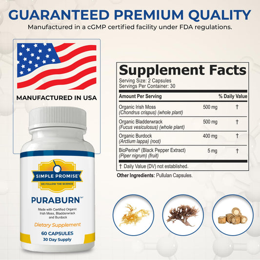 Simple Promise PuraBurn bottle featuring bladderwrack for natural iodine support and metabolic balance.