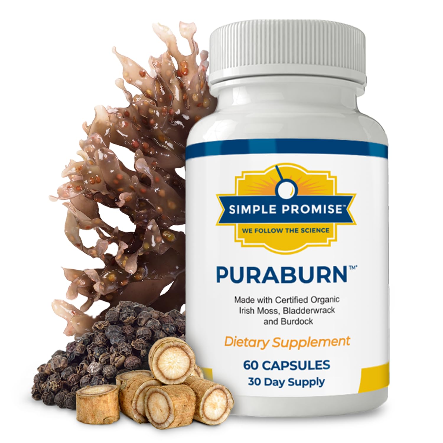 Simple Promise PuraBurn bottle with sea moss promotes digestive comfort and nutrient absorption.