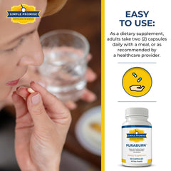 Simple Promise PuraBurn daily-use setup illustrates two capsules with a meal.