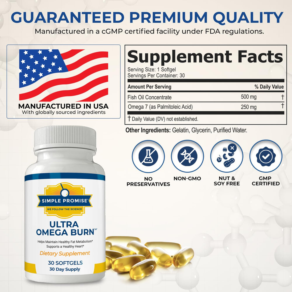 Ultra Omega Burn softgels highlighting palmitoleic acid content.