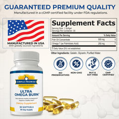 Ultra Omega Burn softgels highlighting palmitoleic acid content.