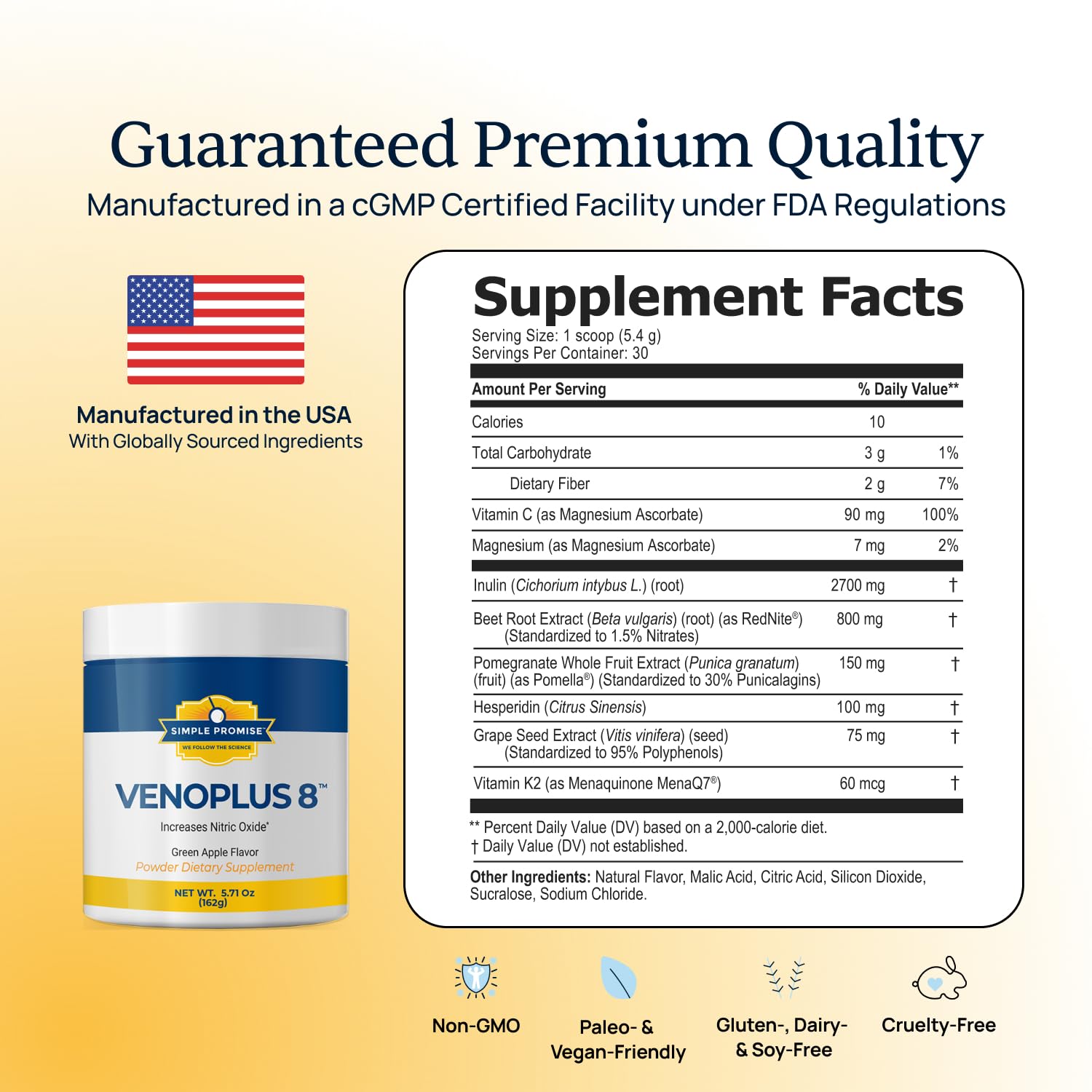 VenoPlus 8 pomegranate and grape seed blend suggests antioxidant support.
