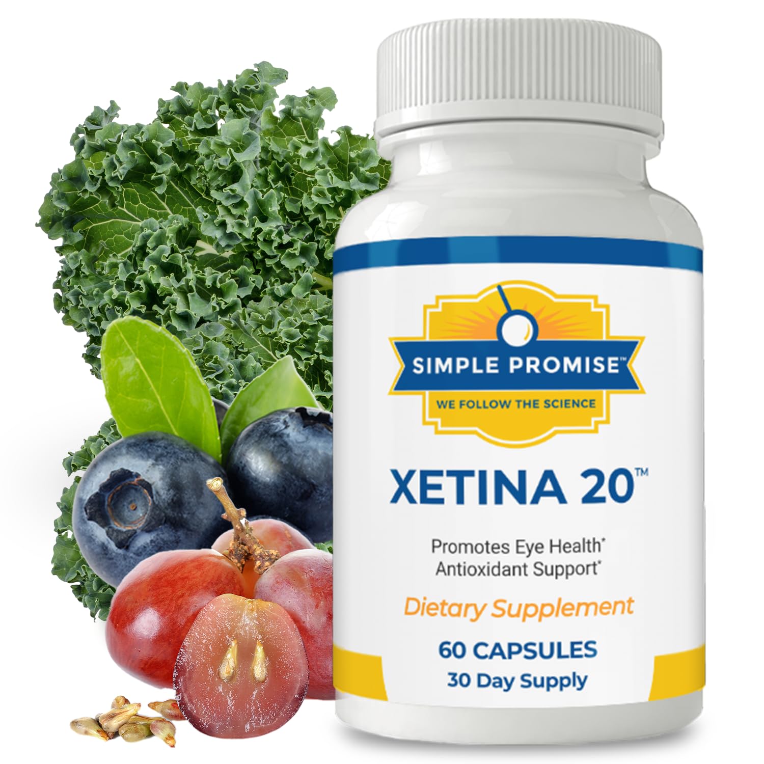 Simple Promise Xetina 20 bottle front highlighting lutein and zeaxanthin for eye health support.