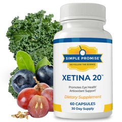 Simple Promise Xetina 20 bottle front highlighting lutein and zeaxanthin for eye health support.