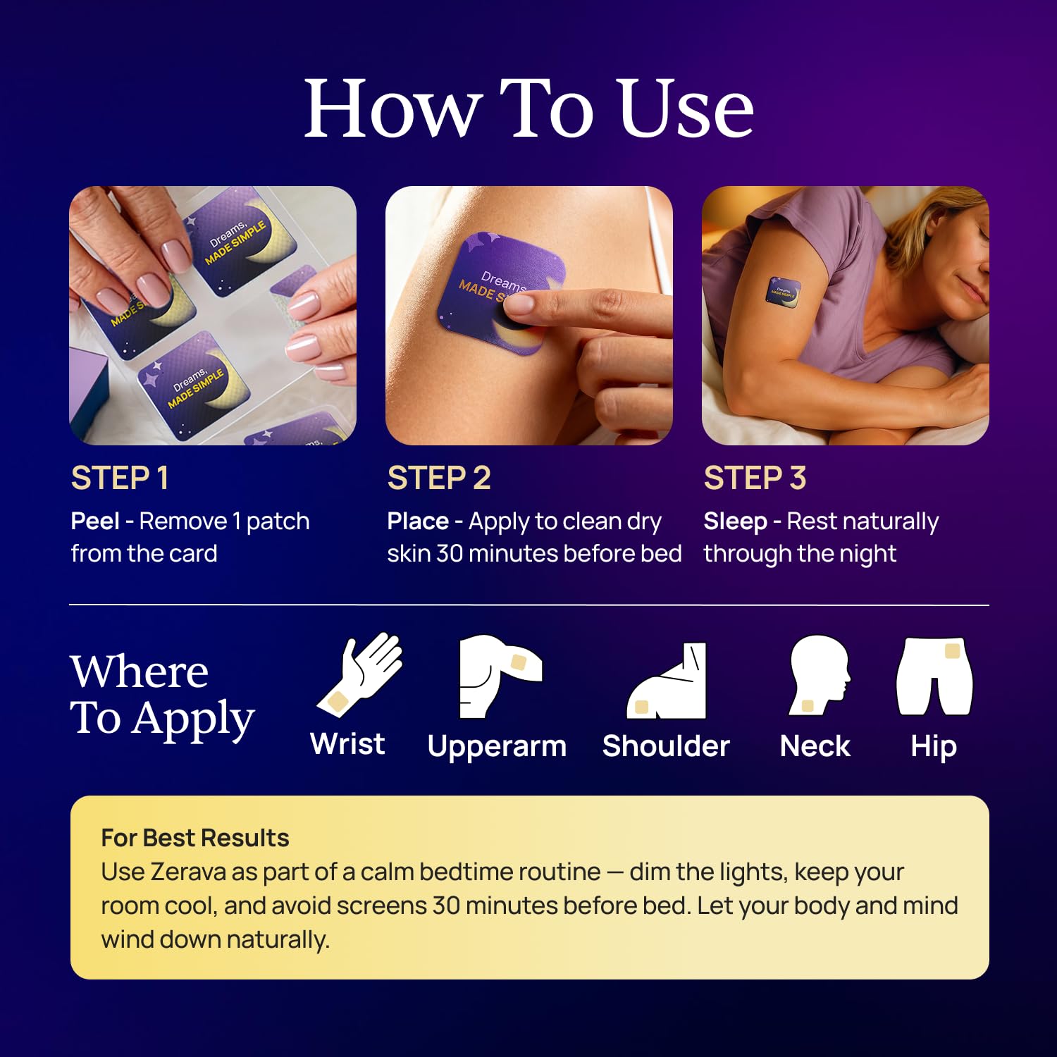 Zerava Sleep Patch 8-hour release feature shown in packaging image.