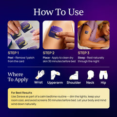 Zerava Sleep Patch 8-hour release feature shown in packaging image.