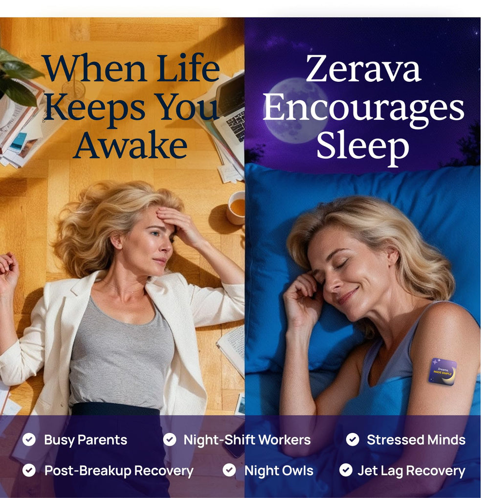 Zerava Sleep Patch adhesive close-up reveals gentle, easy-on, easy-off design.