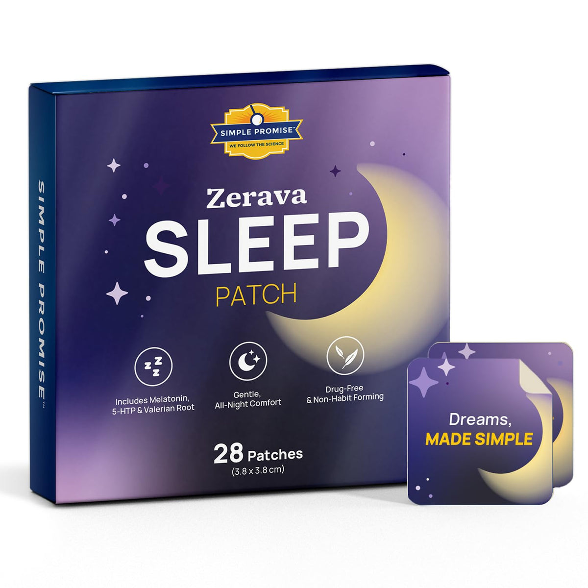 Simple Promise Zerava Sleep Patch on skin shows calm, ready-for-bed routine.