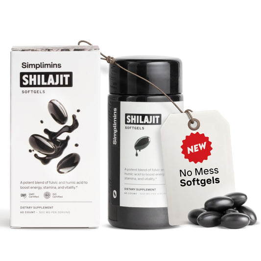 Simplimins liquid shilajit softgels bottle for daily energy and travel convenience.