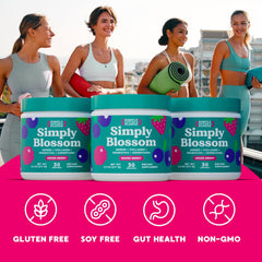 Simply Blossom Greens + Collagen + Probiotics tub; supports gut balance and skin health.