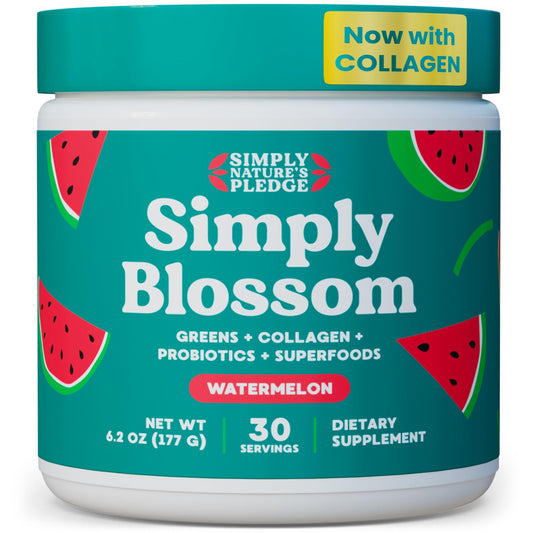 Simply Blossom Daily Greens bottle showing a nutrient-rich blend for daily wellness.