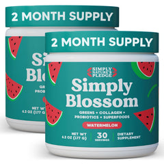 Simply Blossom Greens tub front showing 45+ nutrients for balanced daily nutrition.