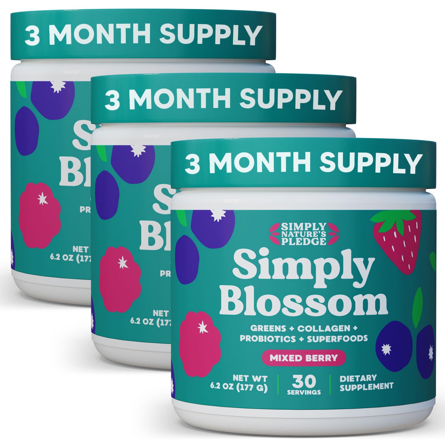 Simply Blossom Daily Greens tub showing packaging for daily wellness support.