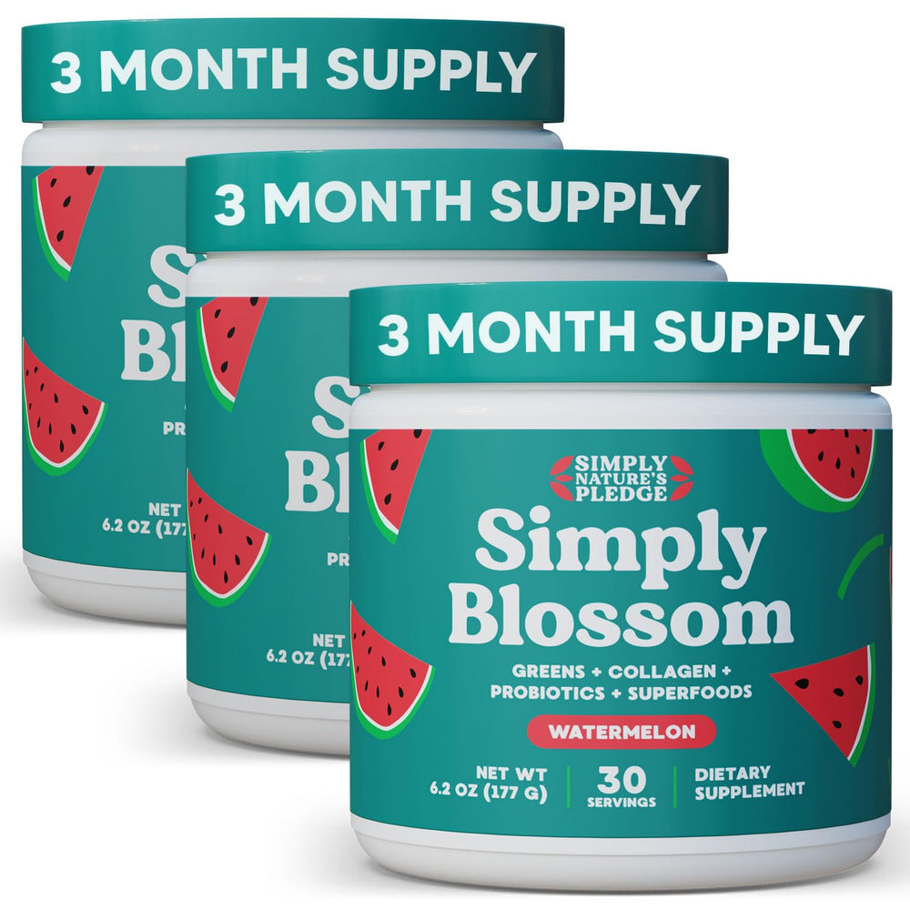 Simply Blossom Greens tub showing vibrant powder for daily nutrition and wellness