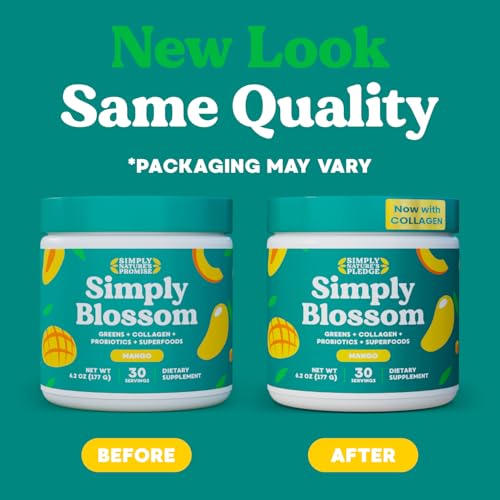 Simply Blossom Nutrition Daily Greens scoop with mango flavor for refreshing morning shake
