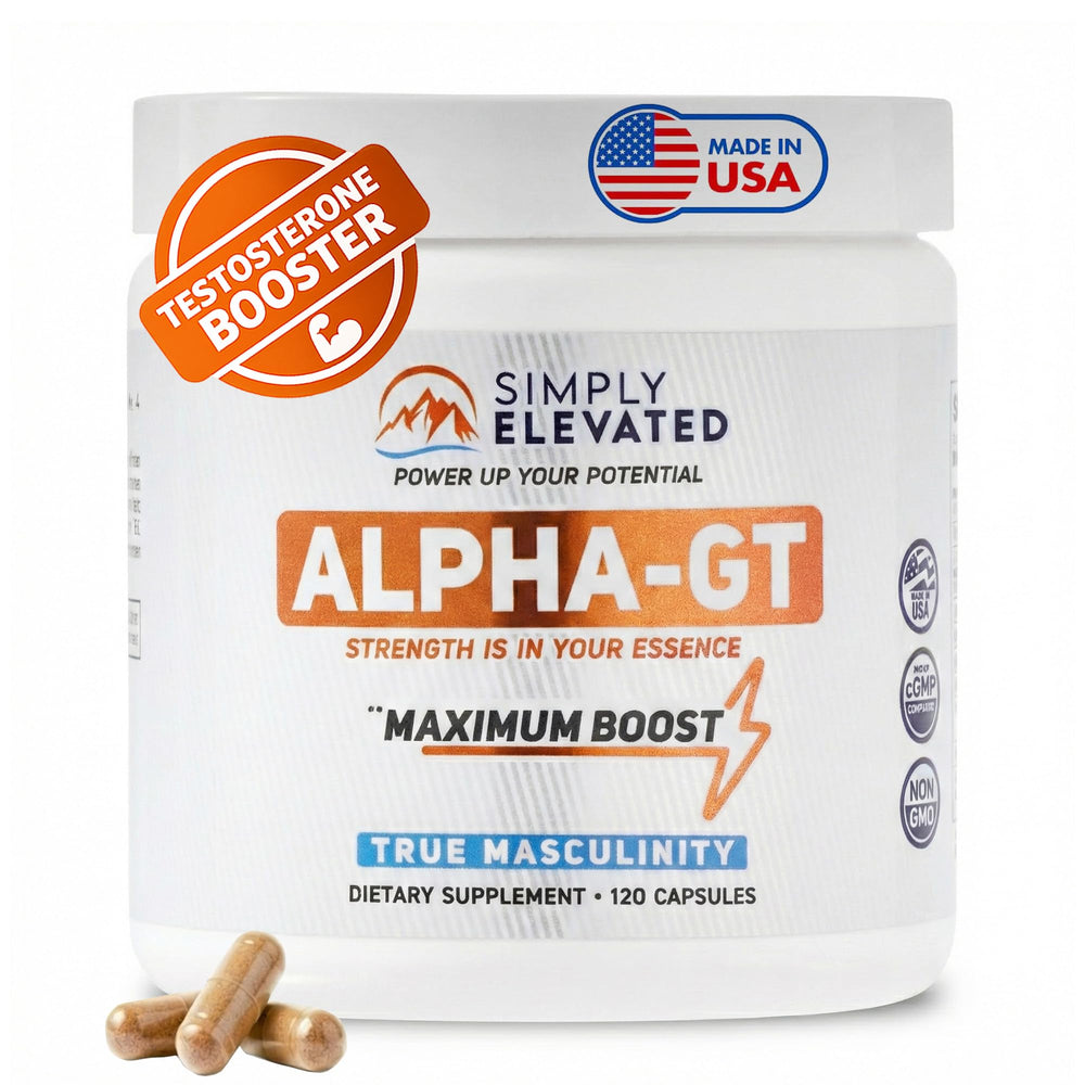 Simply Elevated Alpha-GT bottle front indicating energy and focus support