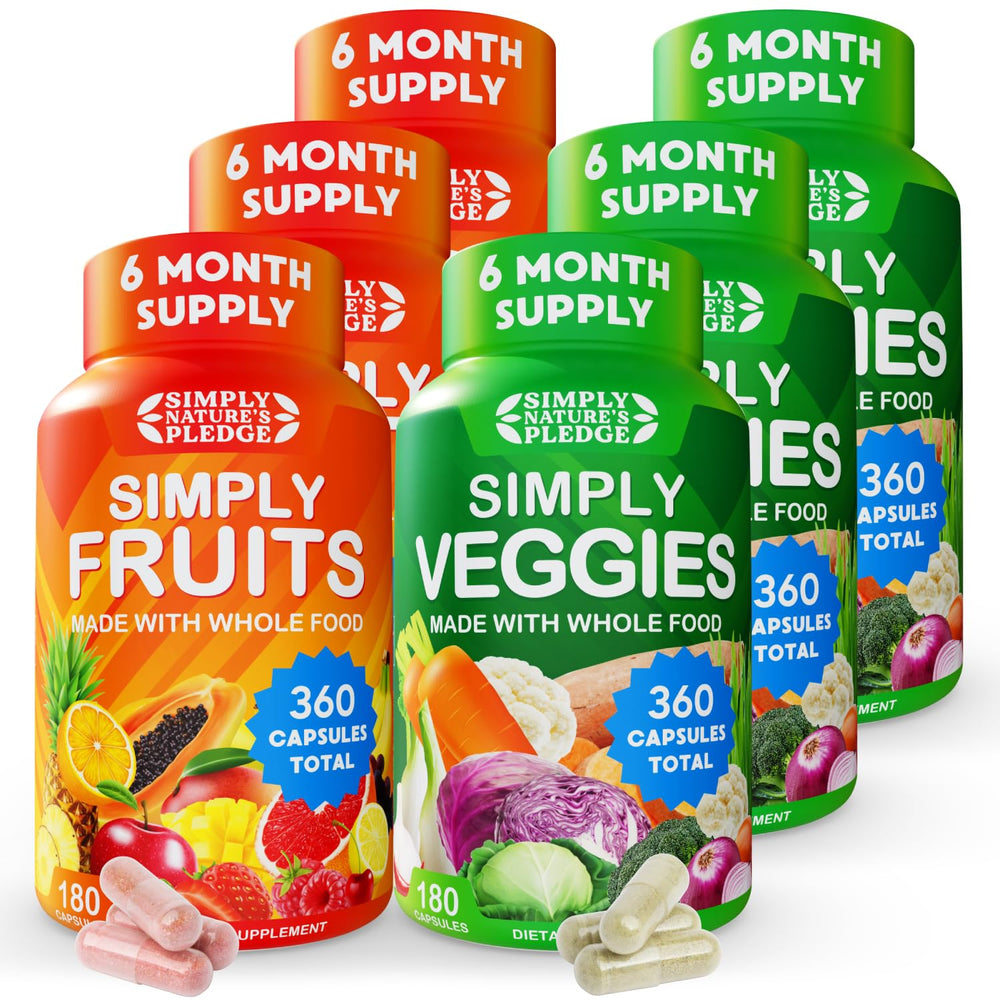 Simply Nature's Pledge bottle front showing 42-fruit blend for daily nutrition