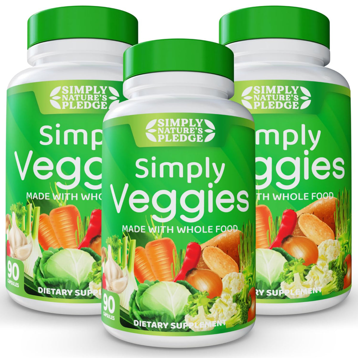 Simply Nature's Pledge bottle front showing daily whole-food capsules for convenient nutrition.