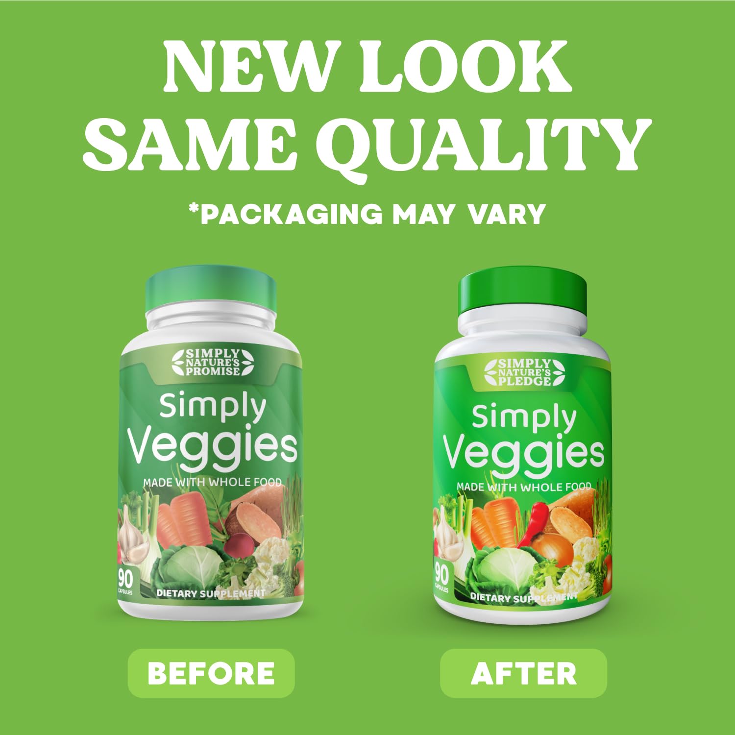 Simply Nature's Pledge bottle label displaying 42+ fruits and vegetables for balanced nutrition.