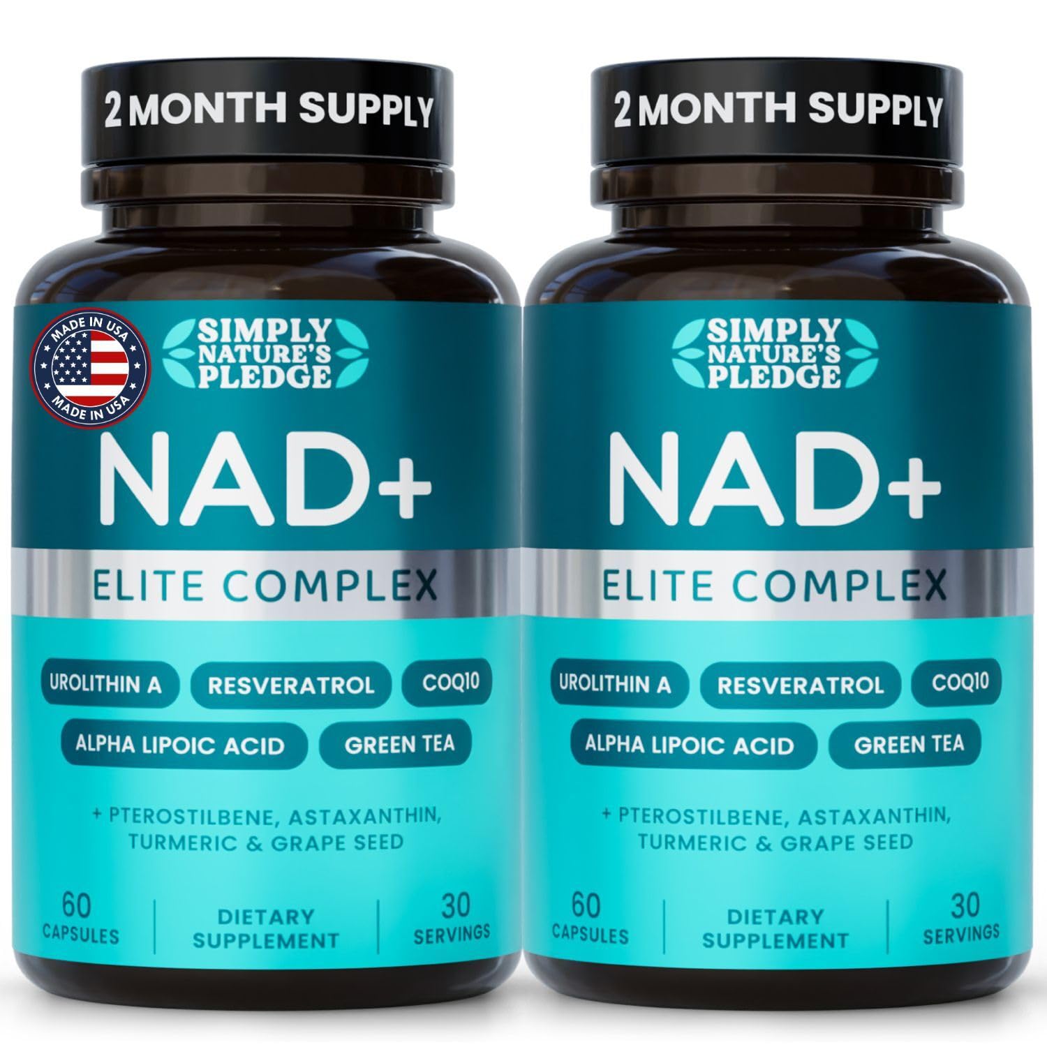 Simply Nature's Pledge NAD+ Elite Complex bottle front with capsules for daily energy support