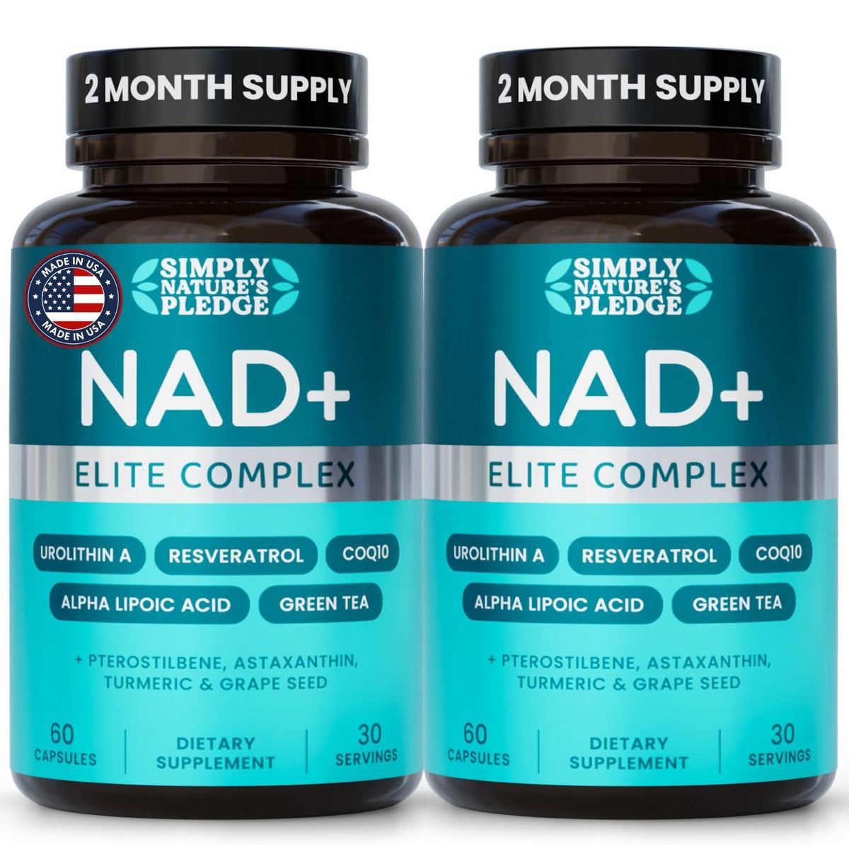 Simply Nature's Pledge NAD+ Elite Complex bottle front with capsules for daily energy support