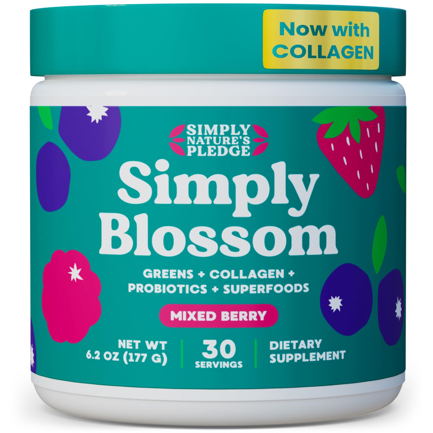 Simply Blossom Greens tub on a clean surface, highlighting 45+ nutrients for daily wellness.
