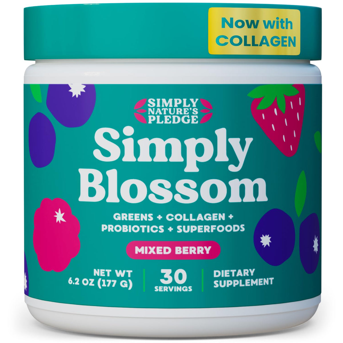 Simply Blossom Greens tub on a clean surface, highlighting 45+ nutrients for daily wellness.